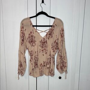 American Rag Medium Beige Peach Pink Merlot Floral Long Sleeve Blouse Top